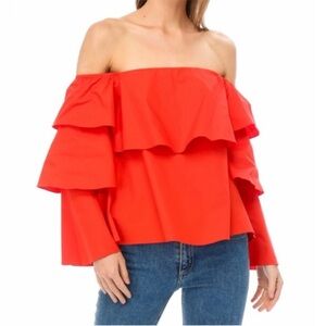Off-Shoulder Red Orange Ruffle Top Lumière Medium Wide Sleeve